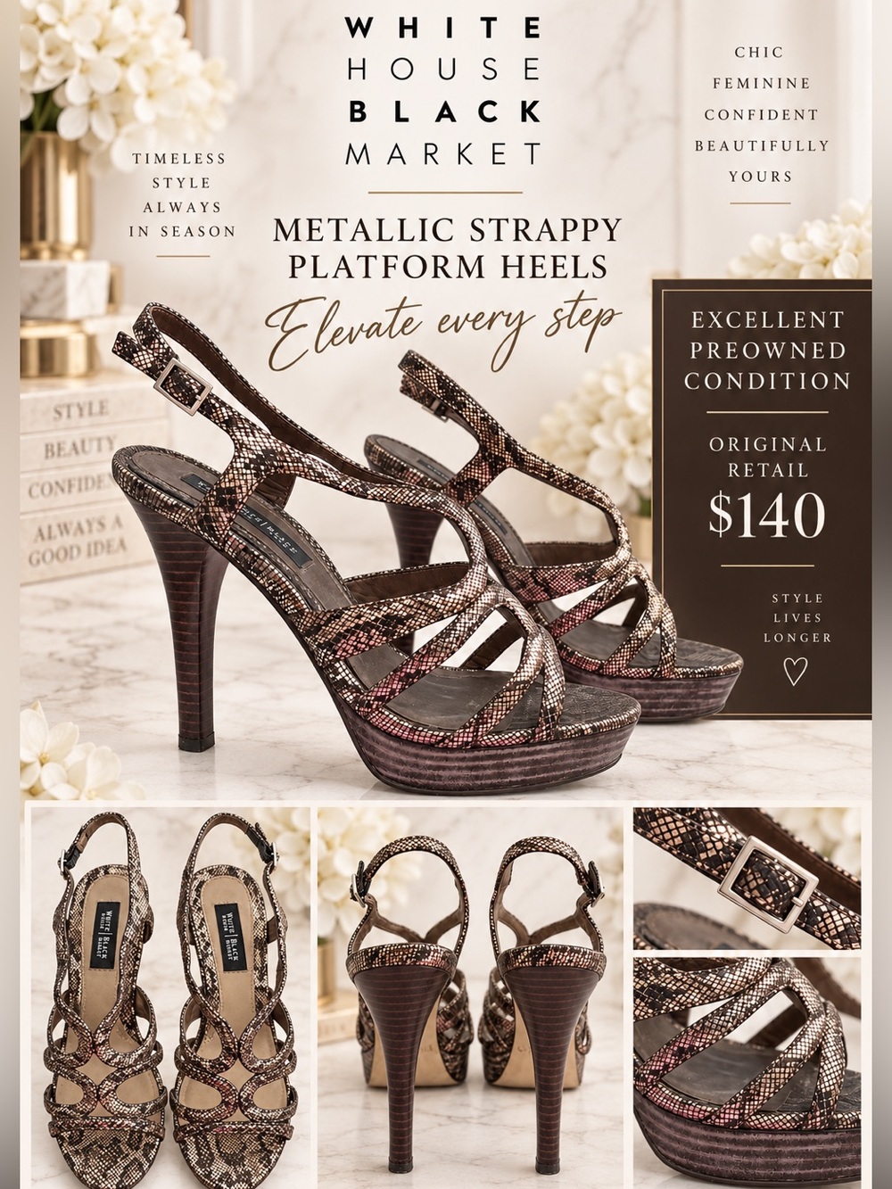 WHBM Karley Metallic Snake Print Strappy Platform Heels Snakeskin Shoes Size 7.5